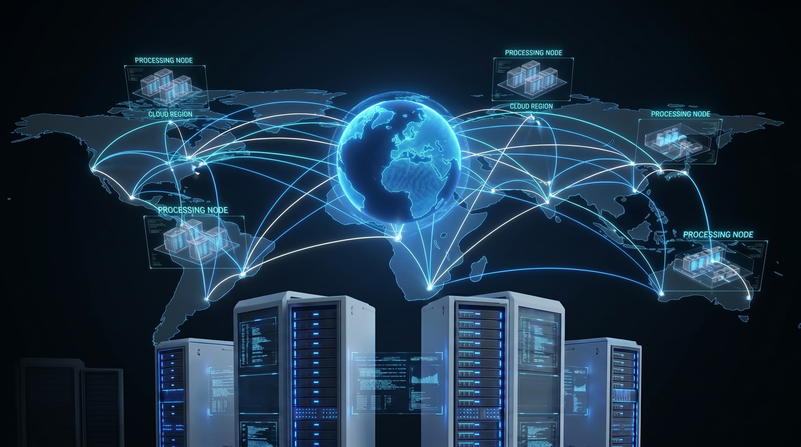 Global enterprise infrastructure showing distributed processing nodes and cloud regions connected worldwide